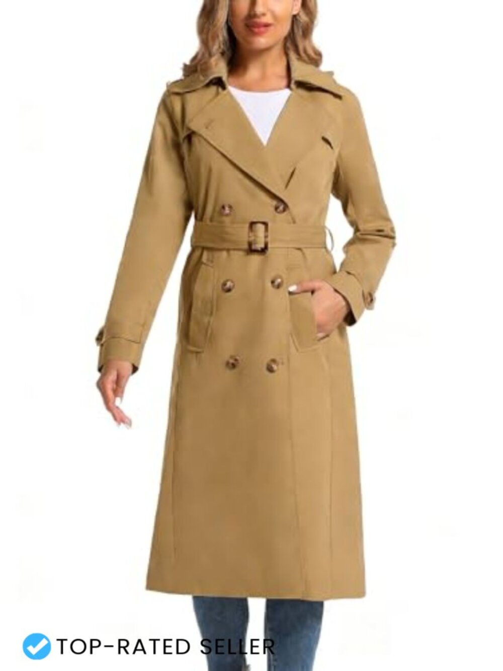 Women's Waterproof Long Trench Coat Double Breasted Belted Removable Hood Slim